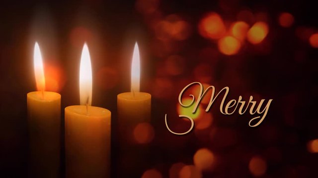 Candles Merry Christmas Lights 4K features three holiday candles flickering in an atmosphere of floating diffused lights with an animated hand-written Merry Christmas