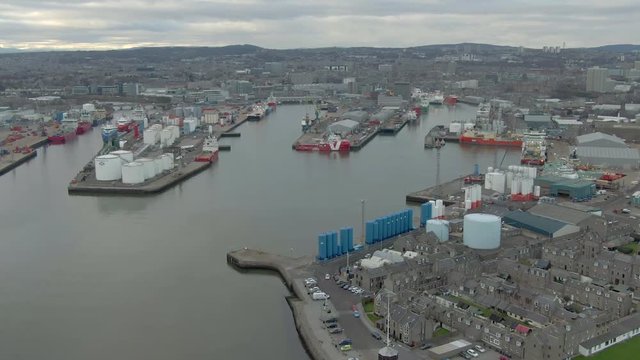 Aerial view of Aberdeen harbour on a cloudy day, Aberdeenshire, Scotland