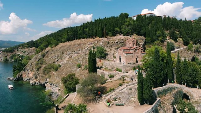 Macedonia Landmark - Historic Orthodox Church At Lake Ohrid. Aerial shot.