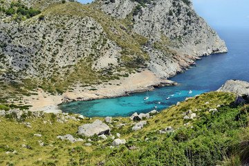 Beautiful sea bay with turquoise water, beach and mountains, Cala Figuera on Cap Formentor, Mallorca