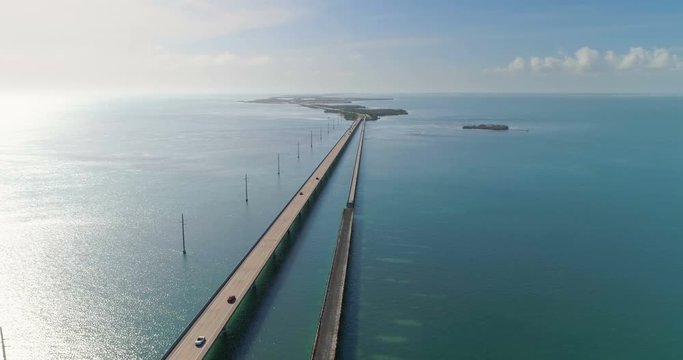Aerial view of Seven Miles Bridge, Florida Keys, USA. Sun reflections on the water
