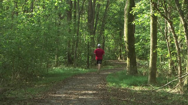 Man running on a trail in the woods with sun shining through the trees.