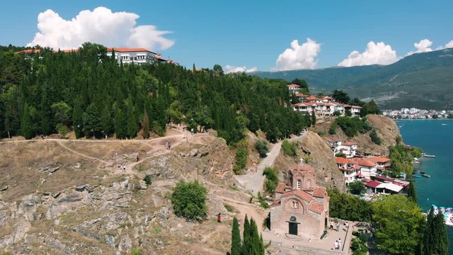 Macedonia Landmark - Historic Orthodox Church At Lake Ohrid. Aerial shot.