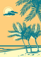 Beautiful seaside beach. Sea, sand, palm silhouette. Retro style drawing.