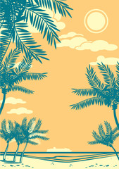 Beautiful tropical landscape with palms silhouettes and cruise ship on a horizon. Retro style drawing.
