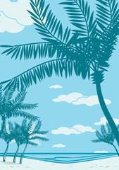 Fototapeta na wymiar Beautiful tropical landscape with palms silhouettes and cruise ship on a horizon. Retro style drawing.