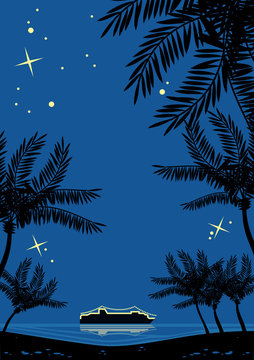 Night tropical landscape with palms silhouettes and cruise ship on a horizon. Retro style drawing.