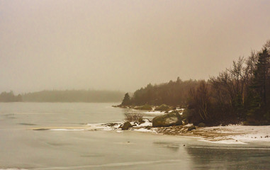 Winter lake shoreline on a misty day in Halifax, Nova Scotia, frozen, foggy.