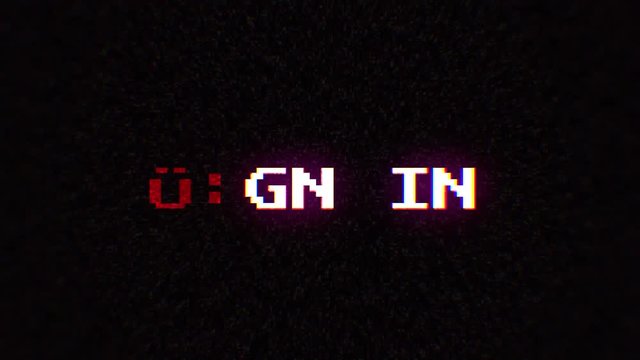 Intentional digital artifact injection fx animation, decoding a noisy scambled 8-bit text: sign in.