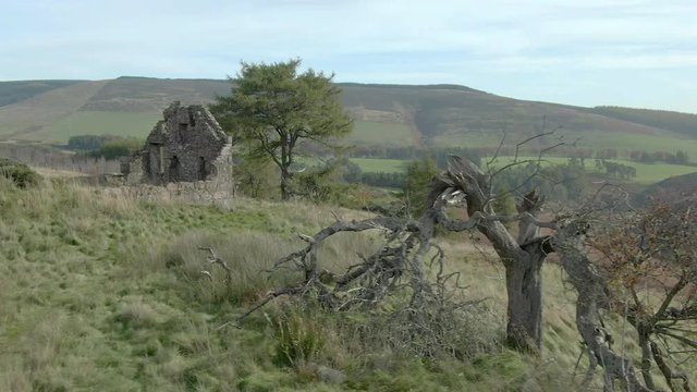 Aerial view of an old ruined building on the Cairn O Mount, Aberdeenshire, Scotland