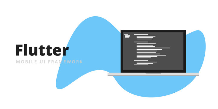 Learn to code Flutter Mobile UI Framework with script code on laptop screen, programming language code illustration - Vector