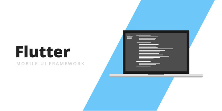 Learn to code Flutter Mobile UI Framework with script code on laptop screen, programming language code illustration - Vector