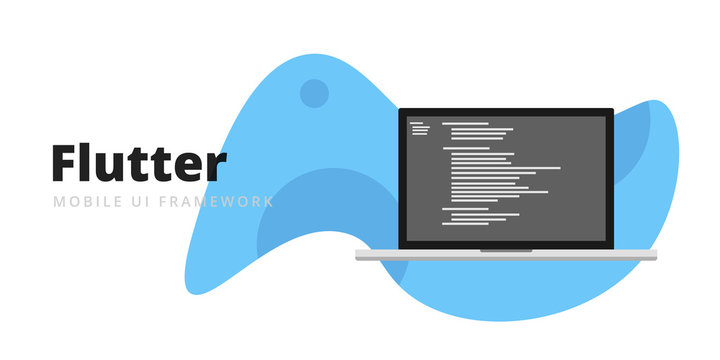 Learn to code Flutter Mobile UI Framework with script code on laptop screen, programming language code illustration - Vector