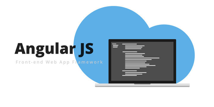 Learn to code Angular JS Fron-end web app framework, with script code on laptop screen, programming language code illustration - Vector