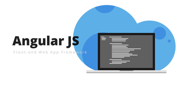 Learn to code Angular JS Fron-end web app framework, with script code on laptop screen, programming language code illustration - Vector