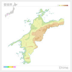 Obraz premium 愛媛県の地図（等高線・色分け）