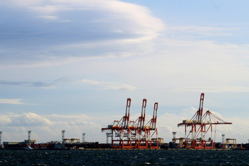 Containers and cranes lined up in the city's harbor