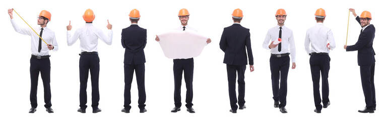 panoramic photo collage of architect expert isolated on white