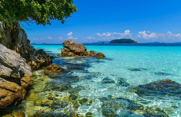 Tropical paradise beach of beautiful Nyaung Oo Phee island on sunny day in Myanmar