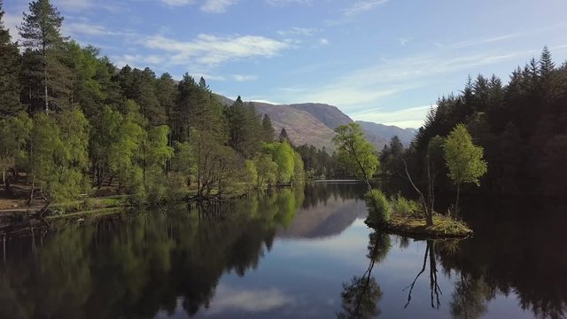 Aerial view of Glencoe Lochan on a sunny day, Glencoe, Scottish Highlands, Scotland