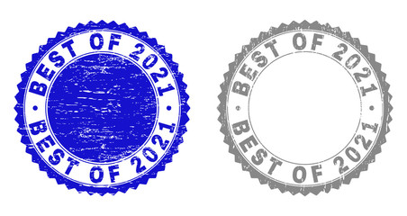 Grunge BEST OF 2021 stamps isolated on a white background. Rosette seals with grunge texture in blue and gray colors. Vector rubber overlay of BEST OF 2021 text inside round rosette.