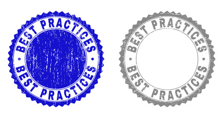 Grunge BEST PRACTICES stamp seals isolated on a white background. Rosette seals with grunge texture in blue and gray colors. Vector rubber imprint of BEST PRACTICES label inside round rosette.