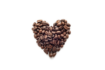 Heart shape of roasted coffee beans isolated on a white background.