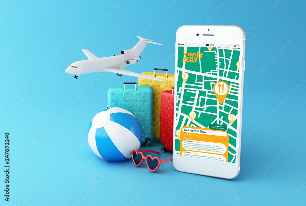 Poster 3d smartphone showing gps map navigation app to find a restaurant