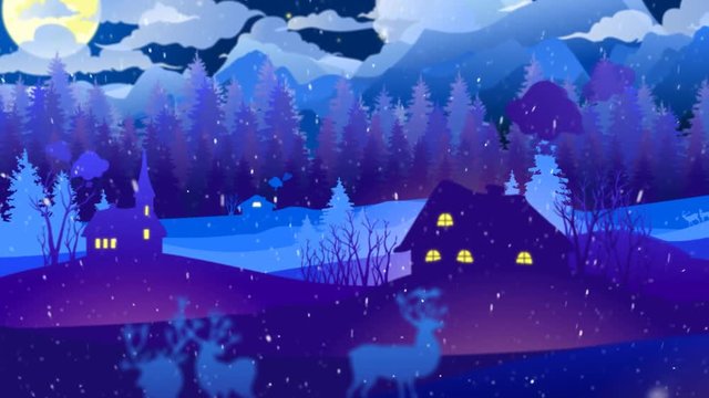 Christmas Celebration in Nature Vector 4K features a camera panning out past vector houses, hills, and wildlife to end with animated deer antlers and a Merry Christmas message