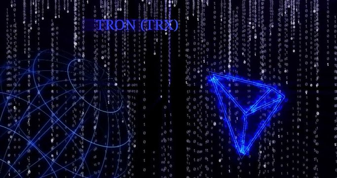 Glowing Tron (TRX) symbol against the falling binary code symbols