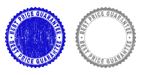 Grunge BEST PRICE GUARANTEE stamp seals isolated on a white background. Rosette seals with grunge texture in blue and gray colors.