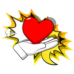 Vector cartoon hand showing red heart. Illustrated sign on comic book background.