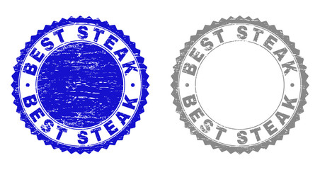 Grunge BEST STEAK stamp seals isolated on a white background. Rosette seals with grunge texture in blue and gray colors. Vector rubber watermark of BEST STEAK title inside round rosette.