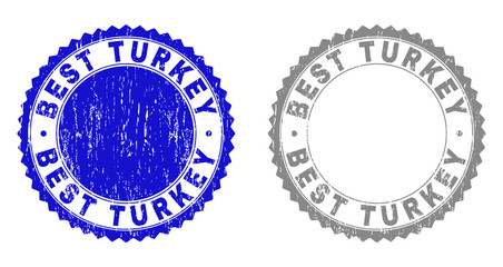 Grunge BEST TURKEY stamp seals isolated on a white background. Rosette seals with distress texture in blue and grey colors. Vector rubber watermark of BEST TURKEY text inside round rosette.