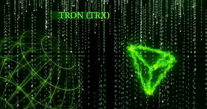 Glowing Tron (TRX) symbol against the falling binary code symbols