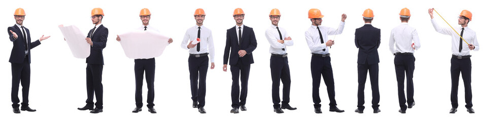 panoramic photo collage of confident architect isolated on white