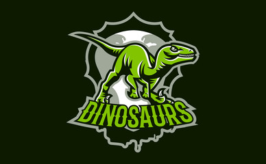 The emblem of an aggressive dinosaur, sharp teeth. Sports logo dino. Extinct predatory, Jurassic period. Vector illustration