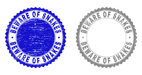 Grunge BEWARE OF SNAKES stamp seals isolated on a white background. Rosette seals with grunge texture in blue and gray colors. Vector rubber overlay of BEWARE OF SNAKES label inside round rosette.