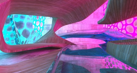 Abstract  Concrete Futuristic Sci-Fi interior With Pink And Blue Glowing Neon Tubes . 3D illustration and rendering.