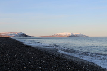 The frost morning at the Chuckotka and polar sea
