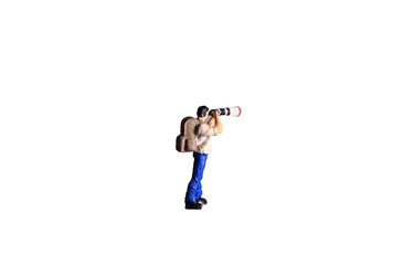 Mini Figure toy photographer take a photo, standing isolated on white