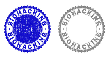 Grunge BIOHACKING stamp seals isolated on a white background. Rosette seals with distress texture in blue and gray colors. Vector rubber imprint of BIOHACKING title inside round rosette.