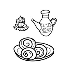 illustration of isolated coffee set or tea set and cup cake