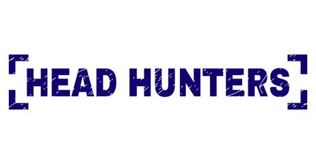 HEAD HUNTERS tag seal print with distress texture. Text tag is placed inside corners. Blue vector rubber print of HEAD HUNTERS with dirty texture.