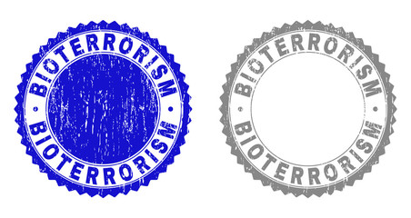 Obraz premium Grunge BIOTERRORISM stamp seals isolated on a white background. Rosette seals with grunge texture in blue and gray colors. Vector rubber watermark of BIOTERRORISM label inside round rosette.