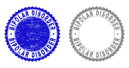 Grunge BIPOLAR DISORDER stamp seals isolated on a white background. Rosette seals with grunge texture in blue and grey colors. Vector rubber overlay of BIPOLAR DISORDER title inside round rosette.