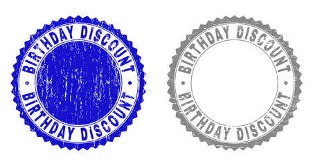 Grunge BIRTHDAY DISCOUNT stamp seals isolated on a white background. Rosette seals with grunge texture in blue and grey colors. Vector rubber imitation of BIRTHDAY DISCOUNT text inside round rosette.