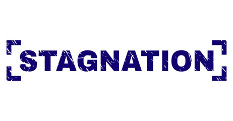 STAGNATION label seal print with distress texture. Text tag is placed between corners. Blue vector rubber print of STAGNATION with unclean texture.
