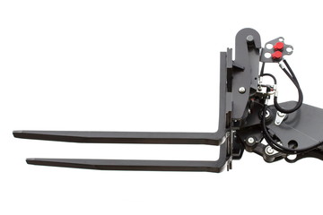 Part of forklift loader or stacker on white background, technology