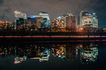 The skyline of Rosslyn reflecting in the Potomac River, in Arlington, Virginia